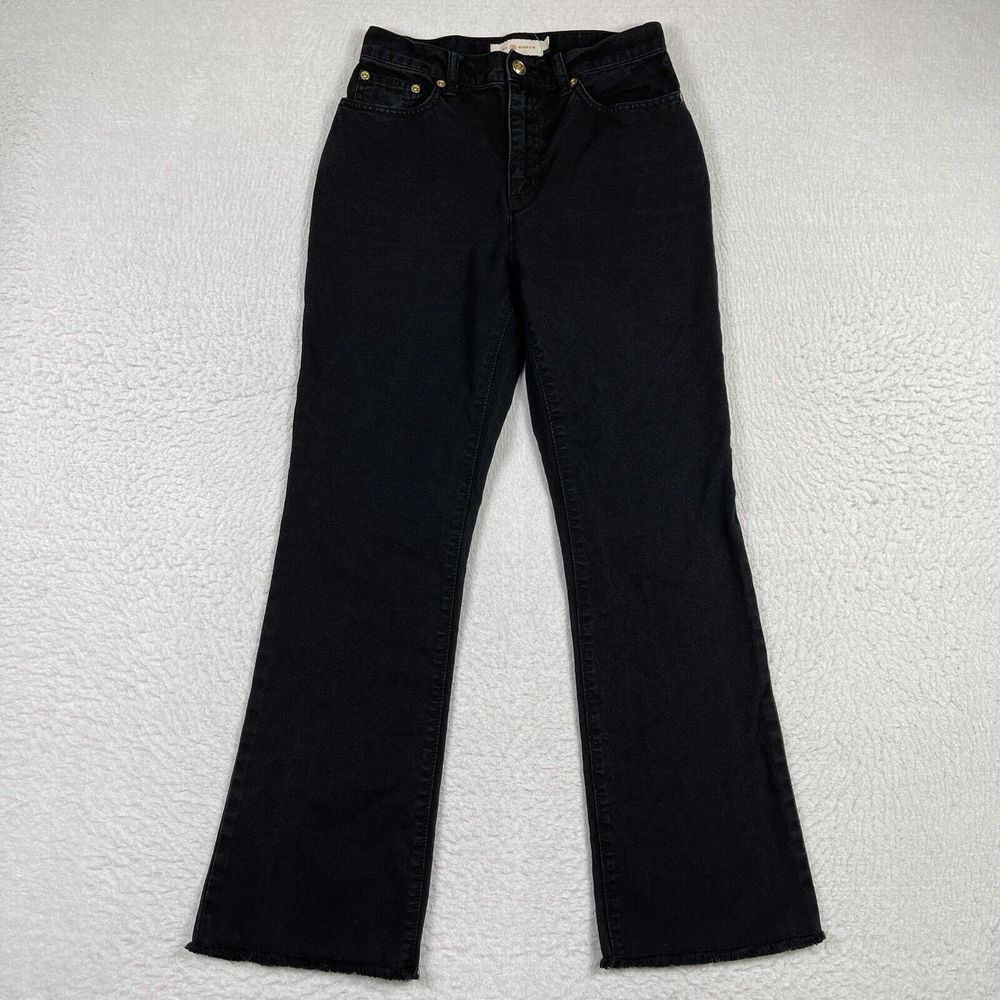 Tory Burch Jeans Womens 26 Black High Rise‎ Raw Hem Flare Gold Logo Hardware